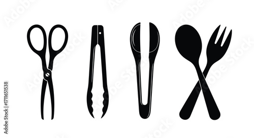 Set of kitchen utensils including scissors tongs spoon and fork icons vector
