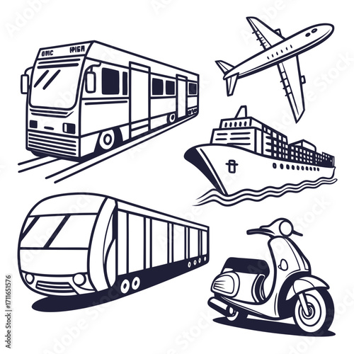 Collection of diverse transportation vehicles including an airplane cargo ship subway train and scooter in a clean graphic style