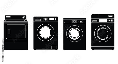 Silhouette set of four modern washing machines and dryers for laundry room appliance concepts vector