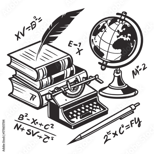 Vintage education and knowledge concept with a stack of books quill pen antique typewriter globe and mathematical formulas