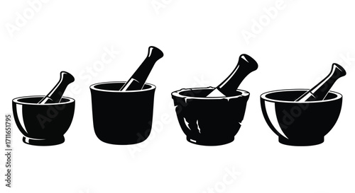 Set of four black ceramic mortars and pestles in various sizes lined up on a vector