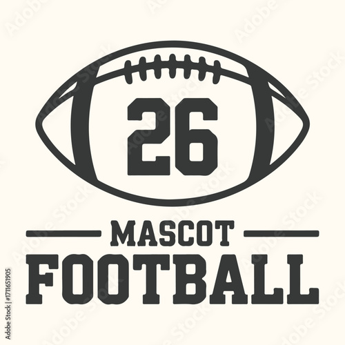 Vector art of american football with the number 26 and the words mascot and football, isolated on a light cream background