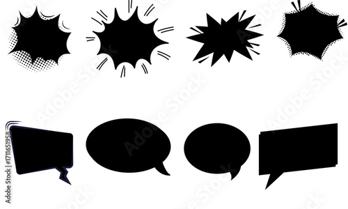 Comic Burst Speech Bubble and Text Box Silhouettes – Pop Art Dialog Retro Vector Elements Set