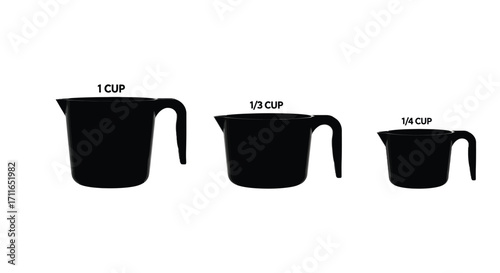 Three black measuring cups of varying sizes arranged for kitchen preparation vector