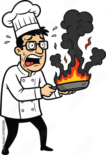 Cartoon chef in uniform panicking, holding a frying pan with flames and black smoke rising from it.