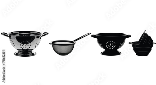 Set of black kitchenware and cooking utensils in clean isolated studio shot vector
