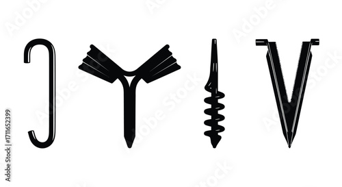 Collection of various fasteners and hardware tools including a hook screw and drill bits vector