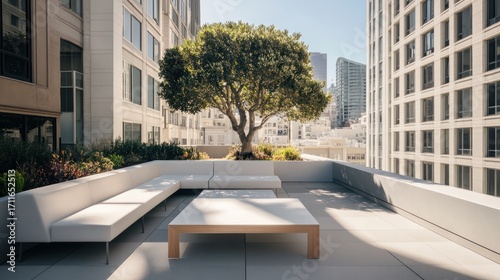 Urban rooftop seating area