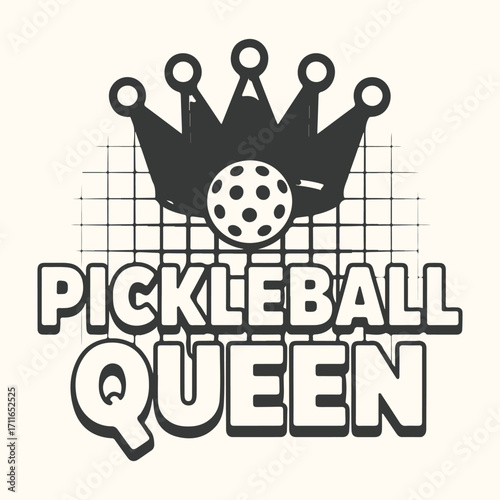 Vector art of pickleball queen crown and ball graphic design with grid background and bold text