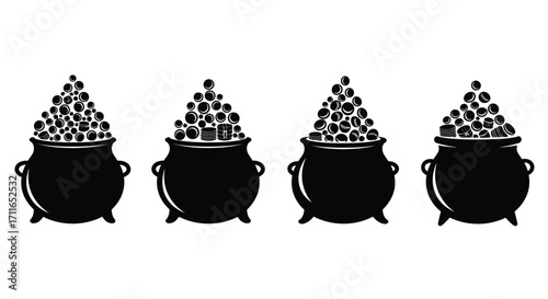 Four bewitching black cauldron pots overflowing with magical golden treasures vector