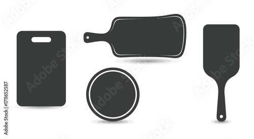 Collection of kitchen cutting boards and pizza peel silhouettes on white for food preparation vector