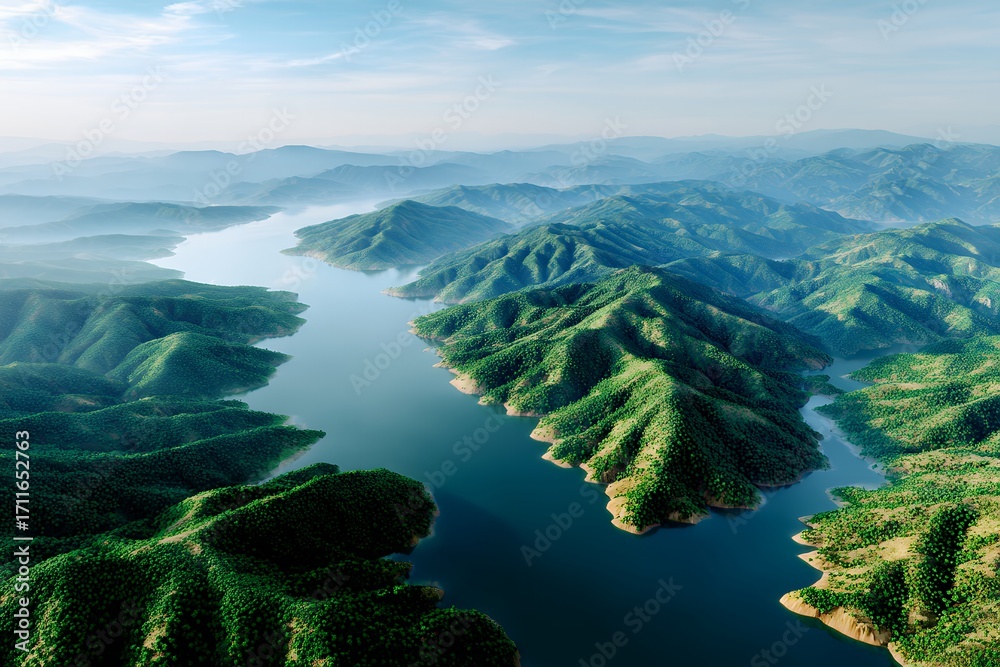 Obraz premium Breathtaking aerial view of lush green mountains and serene river under a clear sky