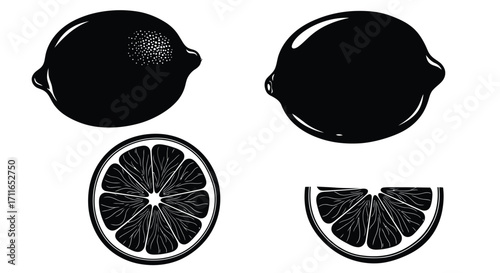 Fresh citrus elements whole lemon slice and wedge graphic design food ingredient vector