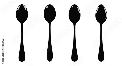 Four sleek black spoons arranged in a row with reflective surfaces studio shot vector
