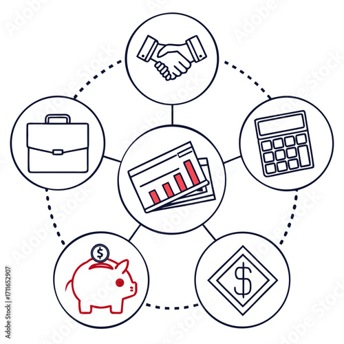 Business finance and investment diagram featuring handshake briefcase charts calculator piggy bank and dollar sign icons