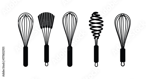 Collection of five different kitchen whisks showcasing various designs and styles for culinary tasks vector