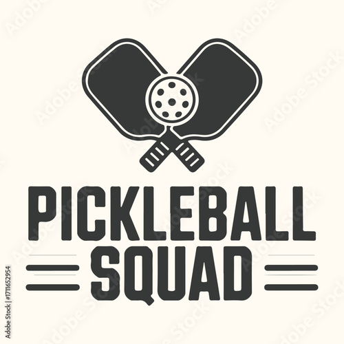 Vector art of pickleball squad text and graphic with two paddles and a ball, representing a team or group playing the sport