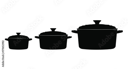 Three black cast iron dutch ovens of varying sizes isolated on for cooking vector