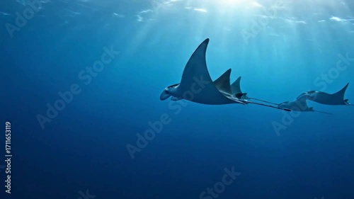 Graceful manta rays glide through sunlit ocean depths, a serene underwater ballet.