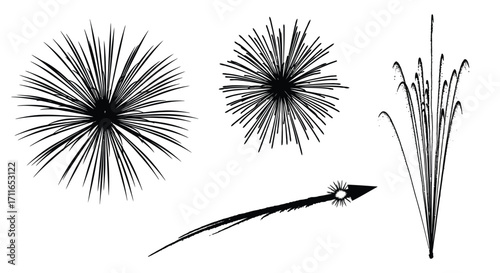 Collection of abstract starbursts fireworks sparklers abstract brush strokes and quill pen isolated elements vector