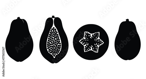 Stylized silhouette papaya fruit whole and halved tropical food ingredients vector