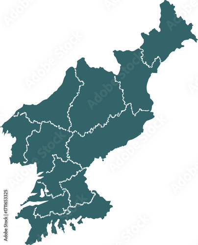 Dark Teal Silhouette Map of North Korea with Provincial Borders Highlighted in White