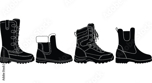Four distinct styles of black leather combat boots lined up against a vector
