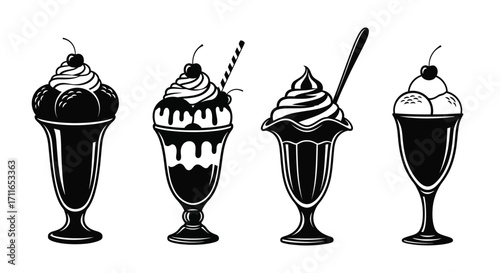 Four vintage style ice cream sundaes with cherries and straws classic dessert collection vector
