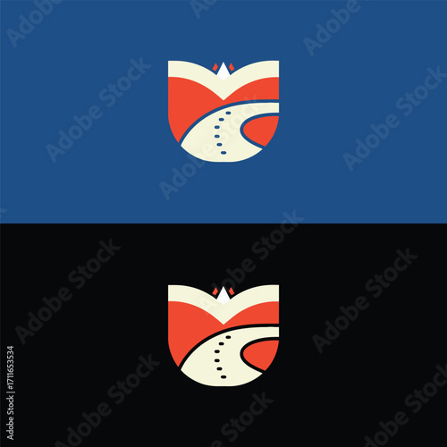 A captivating logo design featuring a road winding through a shieldshaped landscape, symbolizing protection, guidance, and safe passage isolated on white background the minimalist style is striking