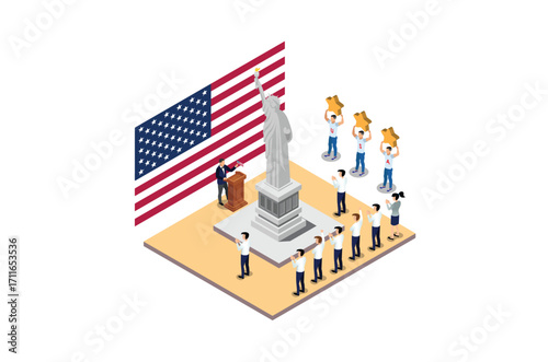 Isometric Illustration of independence day ceremony in front the statue in middle of the field, isolated White background, Suitable for Diagrams, Infographics and Other Graphic asset