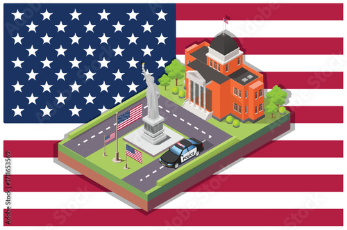 Isometric Illustration of independence day ceremony in front statue in middle of the field, isolated American flag