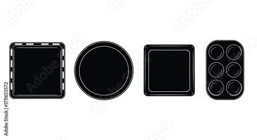 Four black food packaging trays of different shapes for fresh produce and meals vector