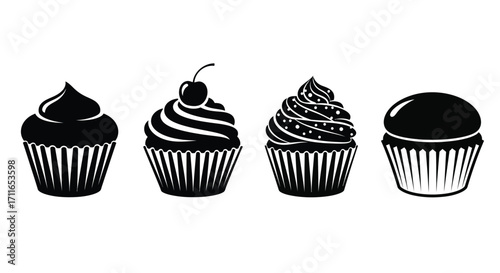 Four stylized black cupcakes with frosted tops and cherry on one dessert treat vector