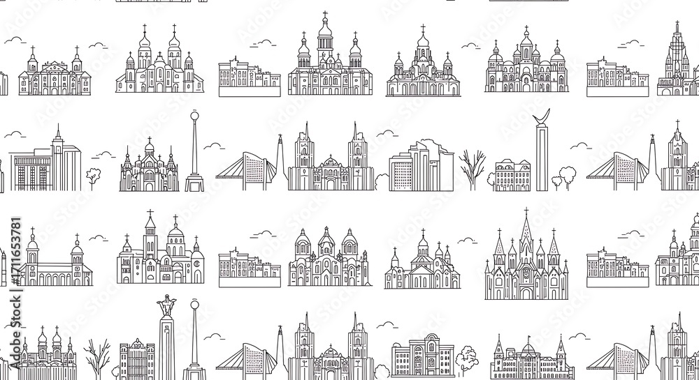 Linear Cityscape Seamless Pattern - Architectural Icons