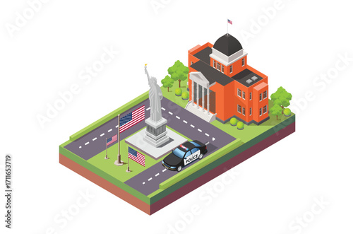 Isometric Illustration of independence day ceremony in front the statue in middle of the field, isolated White background, Suitable for Diagrams, Infographics and Other Graphic asset