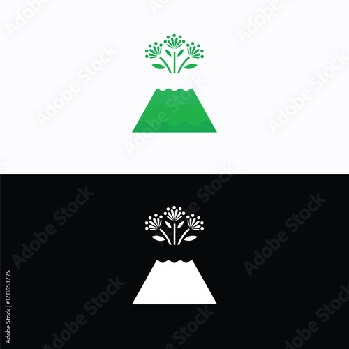 A captivating logo design featuring a stylized mountain adorned with delicate floral elements, presented in both vibrant green and sleek black and white variations, exuding a sense of natural beauty