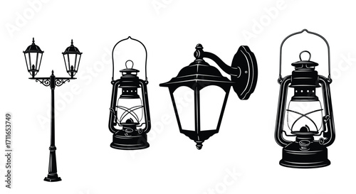 Vintage lanterns and streetlight collection for historic ambiance and outdoor lighting design vector