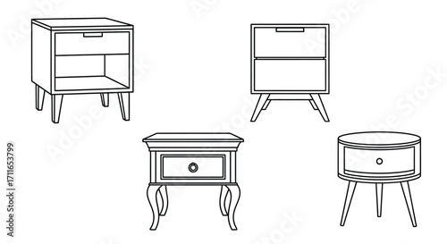 Collection of modern and classic nightstands and side tables for bedroom furniture design vector