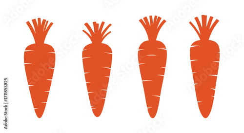 Four vibrant orange carrots with green tops displayed uniformly for freshness and healthy eating vector