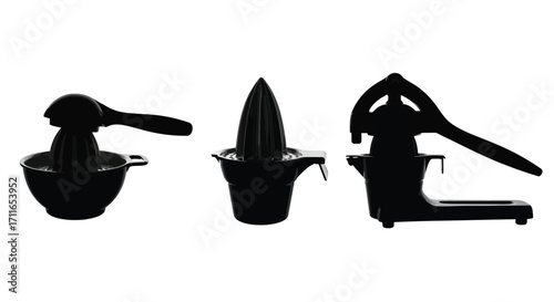 Silhouettes of three kitchen citrus juicers on kitchen tools vector