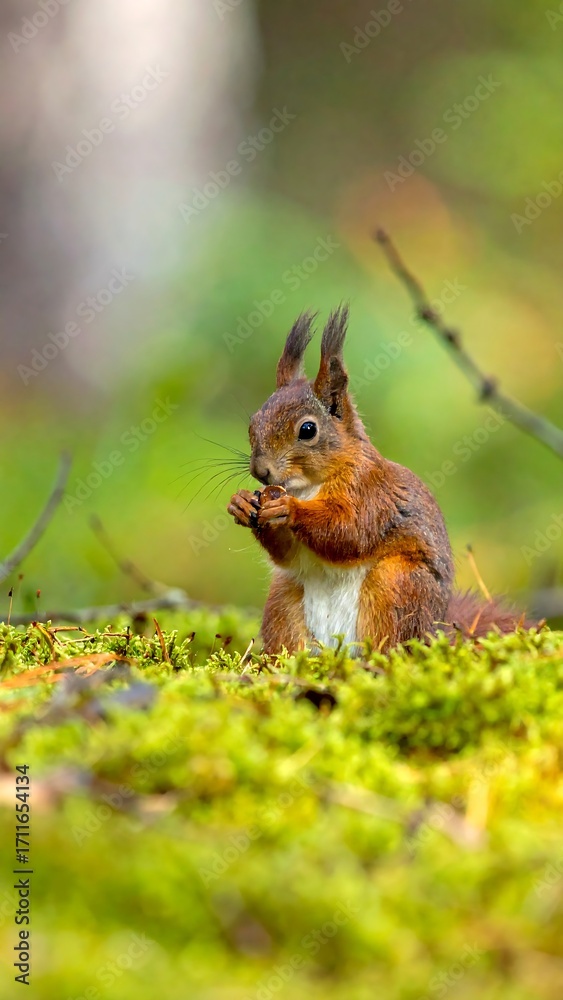 Fototapeta premium A red squirrel feeding in moss