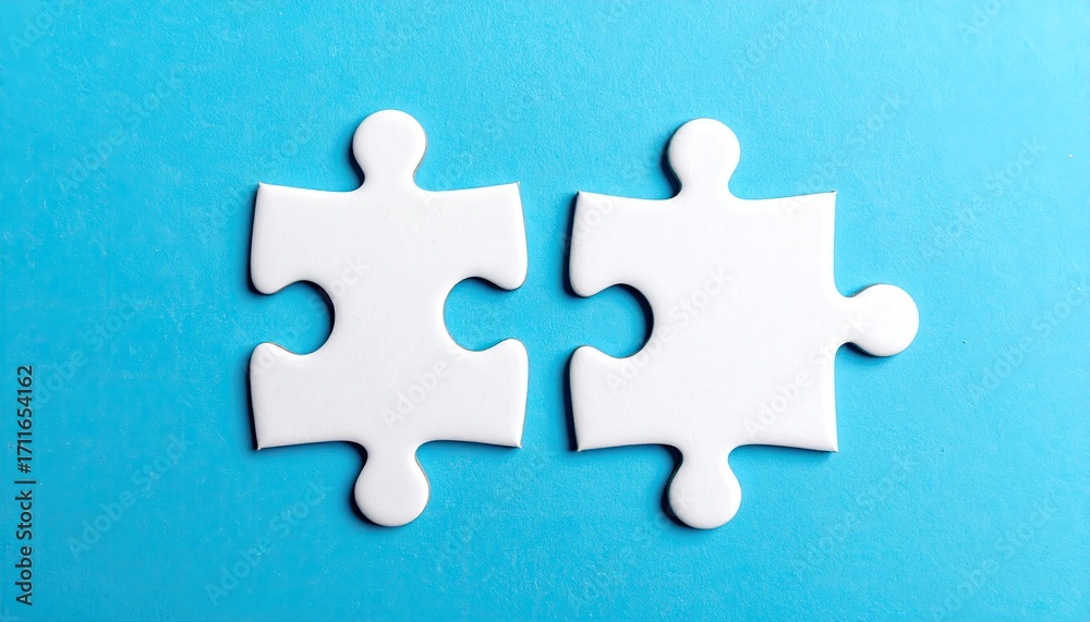 Fototapeta premium Two white puzzle pieces, fitting together on a light-blue surface