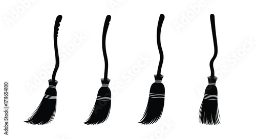 Four stylized black witch brooms displayed in a row against a white backdrop vector