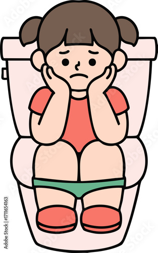 A girl sitting on the toilet thinking