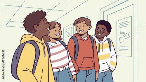 Happy diverse students walking together in school hallway, showcasing friendship and inclusivity in education, perfect for back-to-school campaigns