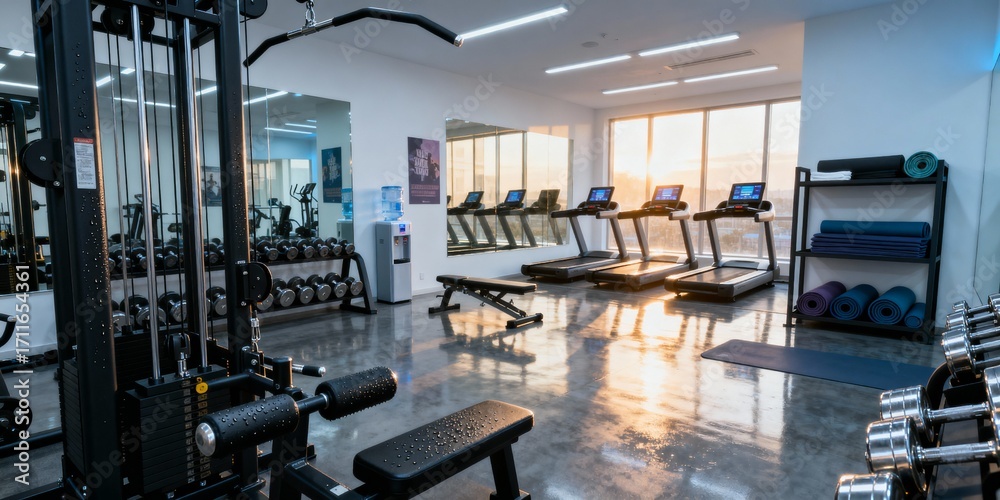 Fototapeta premium Modern gym interior with exercise machines and sunlight reflection