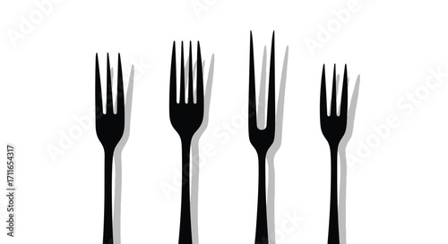 Four black forks arranged in a row with subtle shadows for culinary presentation and design vector