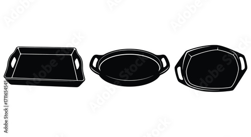 Three black serving trays with handles variety of shapes isolated on white studio background vector