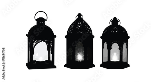 Three black silhouette decorative moroccan style lanterns illuminated interior detail vector