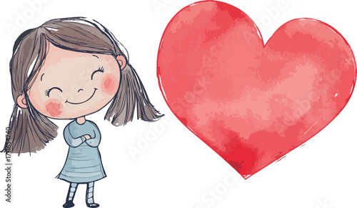 Joyful little girl with pigtails and rosy cheeks stands next to a large red watercolor heart illustration